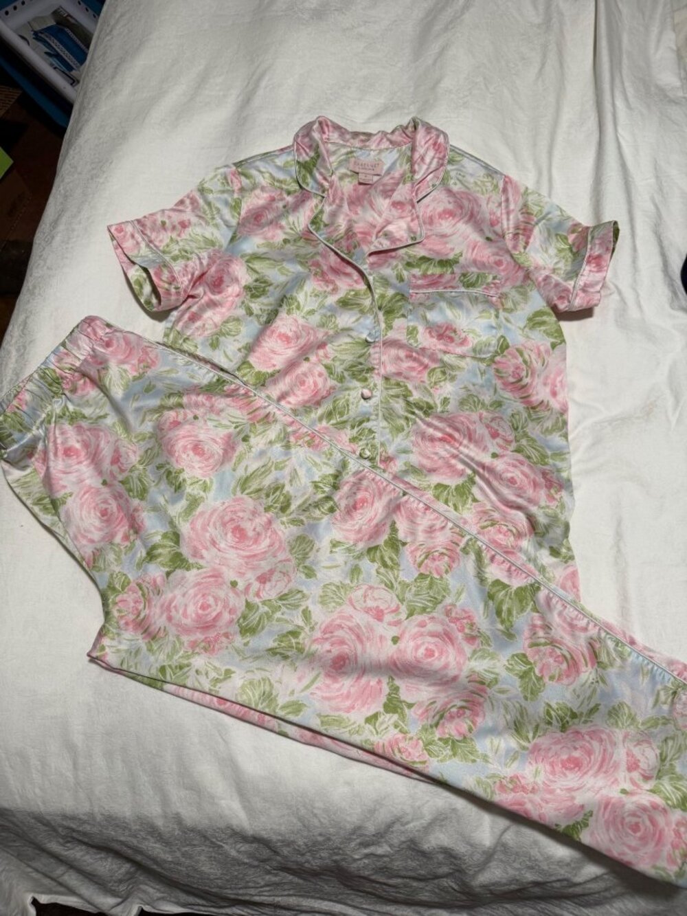 Cabernet by Sleep Sense Satin Floral Pajama Set Top Small Pants Medium Pink Rose